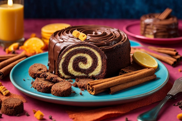 Biscoitos de bolo de chocolate e pauzinhos de canela num prato colorido