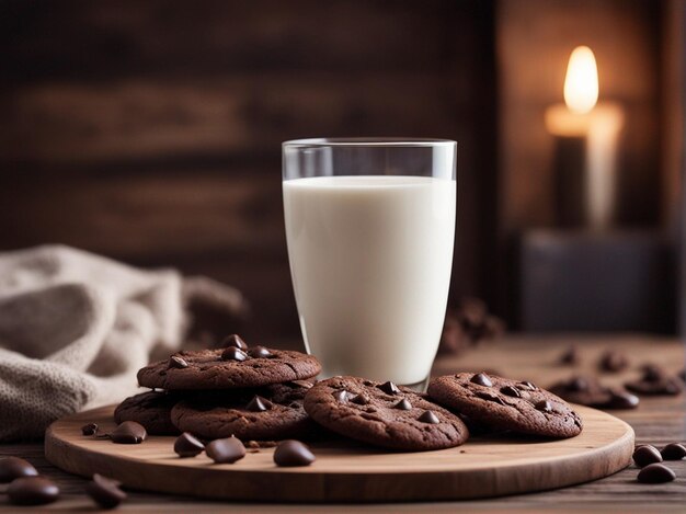 Foto biscoitos de chocolate com copo de leite na fotografia de comida de mesa de madeira