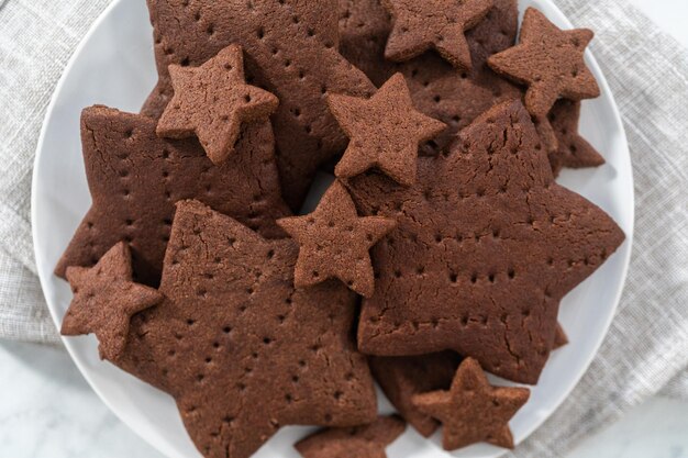 Biscoitos de chocolate em forma de estrela recém-assados em um prato branco