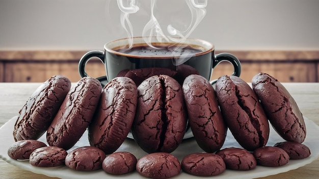 Biscoitos de chocolate em pé antes de uma chávena de café