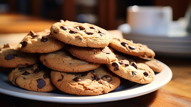 biscoitos de chocolate no prato branco na mesa de madeira close-up e foco seletivo