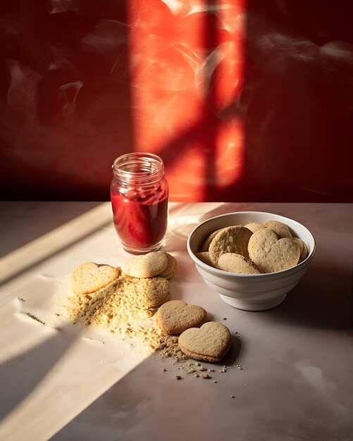 Foto biscoitos de coração ao lado do creme