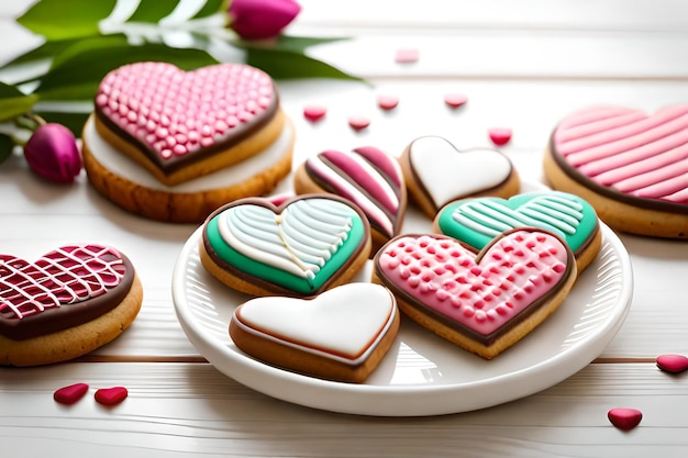 Biscoitos de dia dos namorados em um prato com tulipas cor de rosa