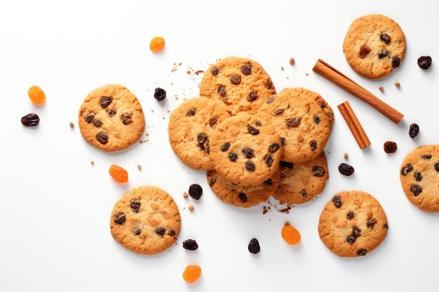 Biscoitos de esponja com passas e migalhas isoladas sobre um fundo branco