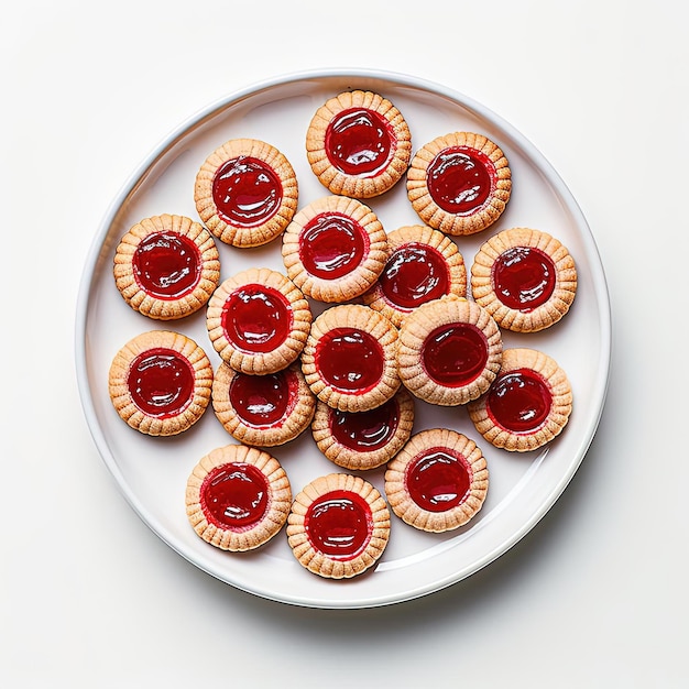 Foto biscoitos de geleia vermelha em prato isolado branco no estilo de fotografia aérea