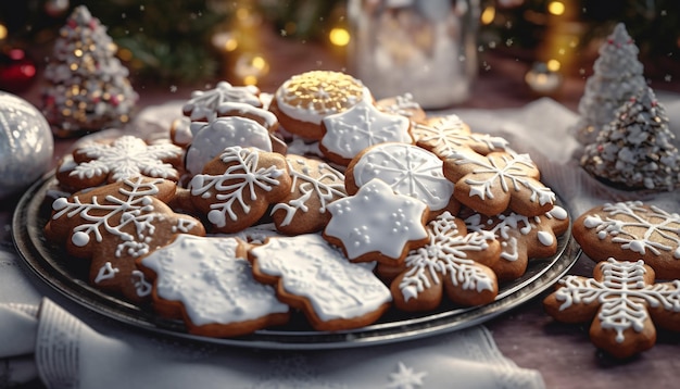 Biscoitos de gengibre caseiros com decoração de glacê e doces em prato gerado por inteligência artificial