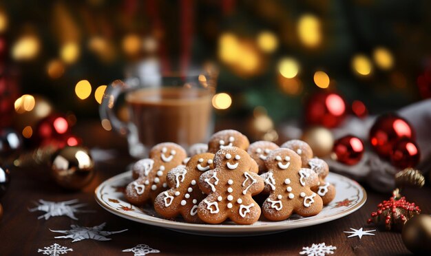 Biscoitos de gengibre caseiros recém-assados no prato com decoração de Natal na mesa de madeiraBokeh