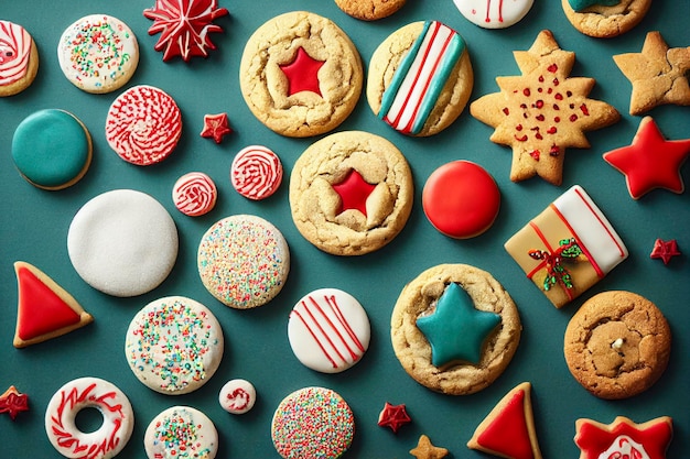 Biscoitos de gengibre com decorações de natal na mesa de madeira