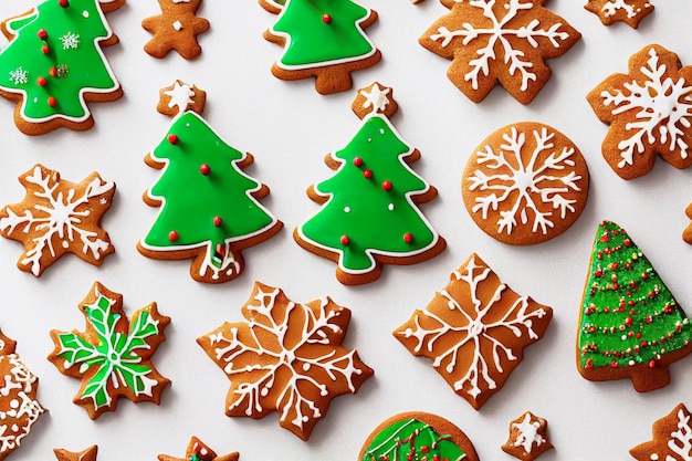 Biscoitos de gengibre de natal em fundo branco vista superior floco de neve formas de árvore de natal