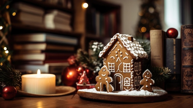 biscoitos de gengibre de Natal em um prato com uma vela no fundo.