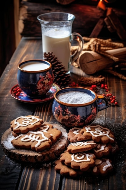 Biscoitos de gengibre e chocolate quente em uma mesa de madeira criada com generative ai