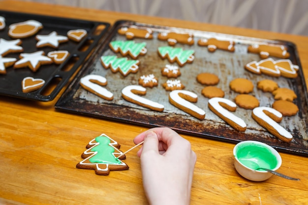 Biscoitos de gengibre festivos feitos à mão em forma de estrelas, flocos de neve, pessoas, meias, luvas, árvores de natal, corações, para natal e ano novo, férias, colorir à mão, biscoitos, preparações de natal