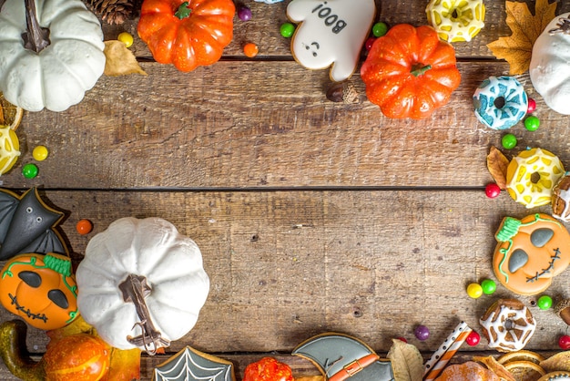 biscoitos de Halloween doces e fundo de decoração conceito de truque ou tratamento tradicional de halloween bolo de gengibre doces com abóboras e decorações em fundo de madeira top view espaço de cópia