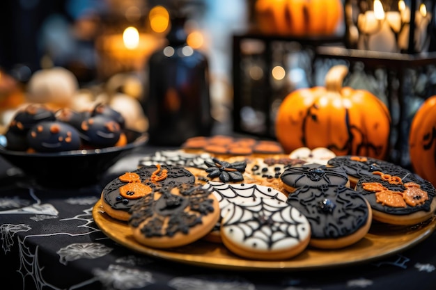 Biscoitos de Halloween elegantemente decorados em exposição