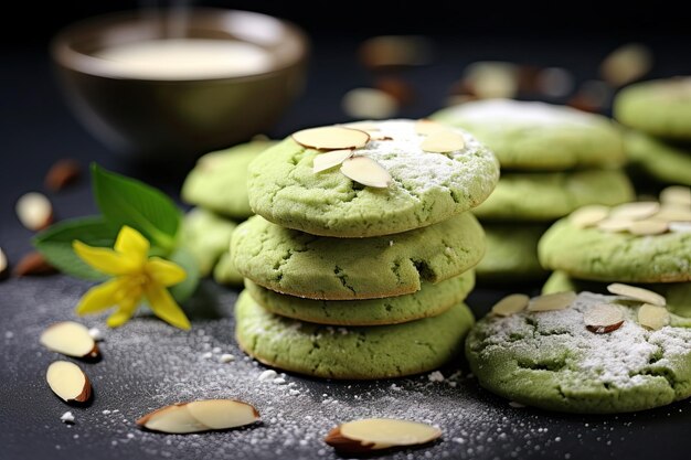 Biscoitos de matcha com flocos de amêndoa e pó