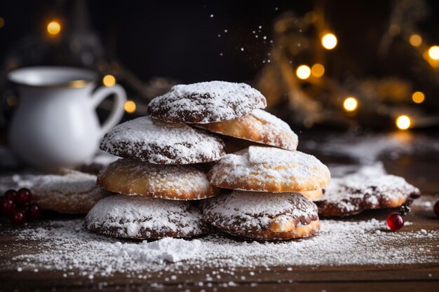 Foto biscoitos de natal com açúcar em pó numa mesa de madeira