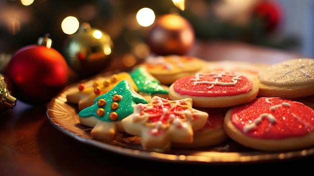 Foto biscoitos de natal decorados à mão cercados por luzes quentes e decorações festivas da temporada de natal