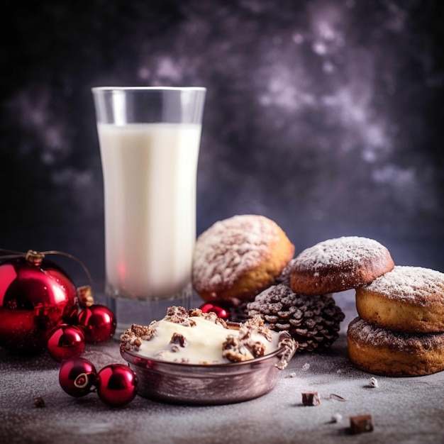 Biscoitos de Natal e um copo de leite em uma tábua de madeira sobre fundo escuro