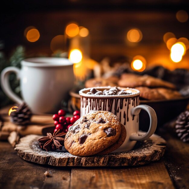 Biscoitos de Natal e xícara de café em mesa de madeira