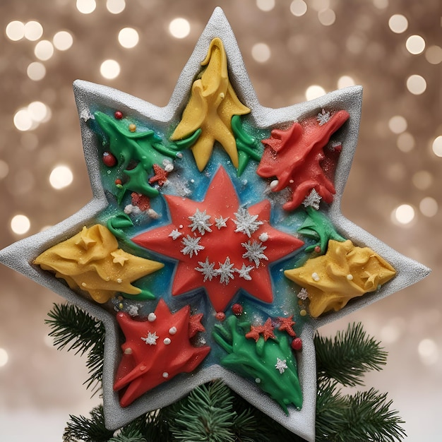 Foto biscoitos de natal em forma de estrela no fundo de uma árvore de natal