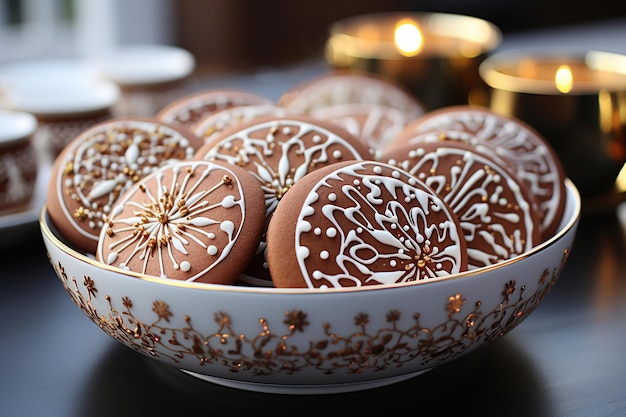 Biscoitos de Natal em um prato estampado sobre uma mesa festiva à luz de velas