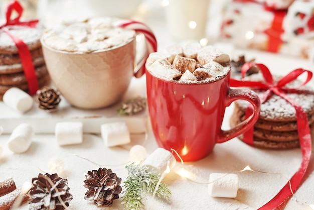 Biscoitos de Natal, leite, cacau, marshmallows, doces em um prato branco perto da janela