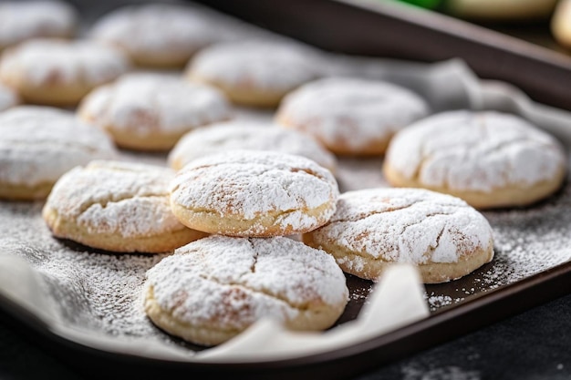 Biscoitos de Natal polvilhados com açúcar em uma folha de assar