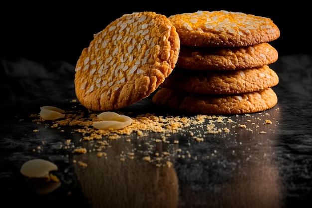 Biscoitos de sobremesa à base de aveia com sabor doce em um pano de fundo escuro Generative AI