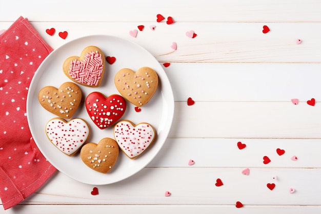 Biscoitos decorados em forma de coração na mesa de madeira dia dos namorados