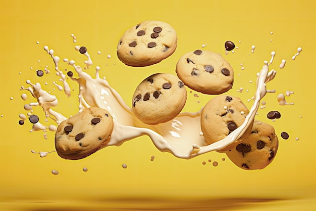 Foto biscoitos deliciosos com gotas de chocolate caindo e respingo de leite branco sobre fundo amarelo