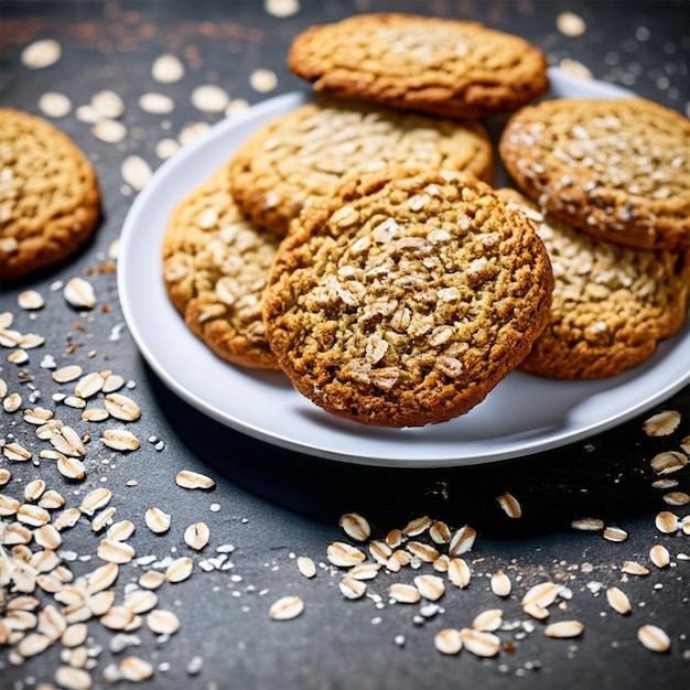 biscoitos doces com sementes de gergelim e avelãs em uma mesa de madeira branca