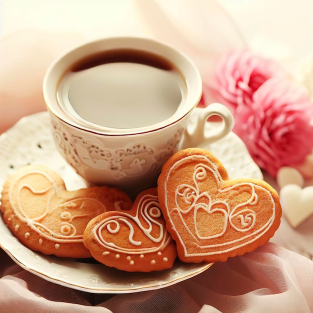 Biscoitos doces em forma de coração e xícara de café