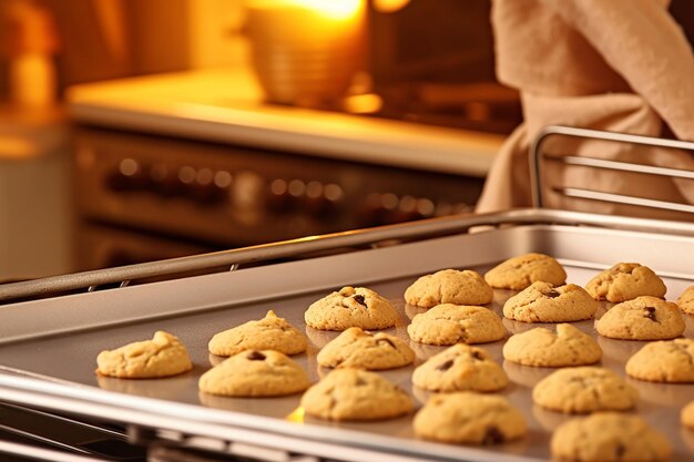Biscoitos e biscoitos recém-cozidos em uma folha de assar dentro de um fundo de cozinha de forno