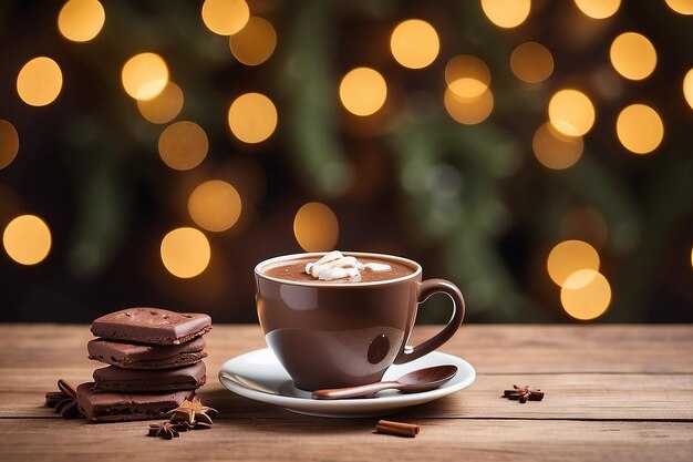 Biscoitos e copo com chocolate quente em uma mesa de madeira vazia em um fundo de bokeh de Natal