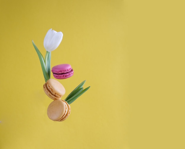 Biscoitos e flores de macaroons multicoloridos levitam em fundo amarelo