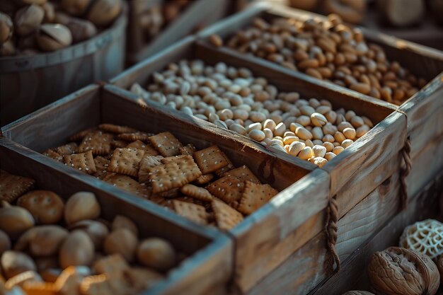 Biscoitos e nozes em caixa de madeira aberta