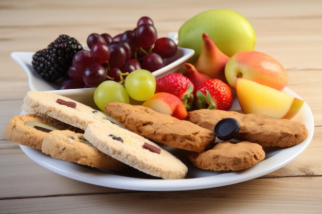 Biscoitos e prato de frutas com biscoitos no café da manhã ou lanche criados com ai generativa