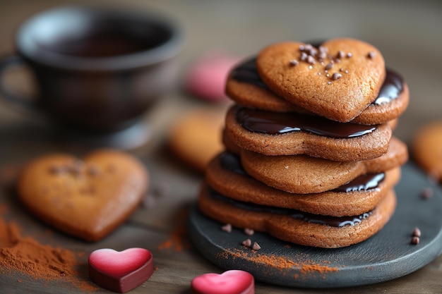 Biscoitos em forma de coração com chocolate e café