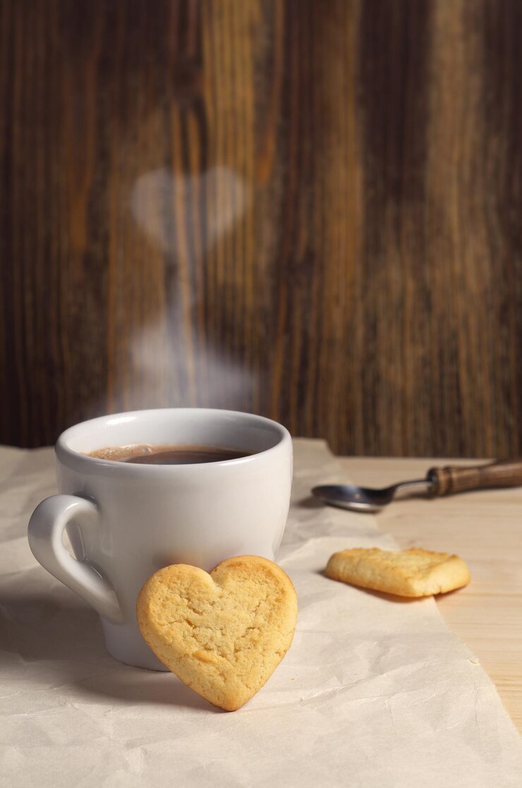Biscoitos em forma de coração e café na mesa de madeira