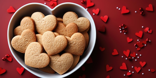 biscoitos em forma de coração em uma tigela branca com corações na mesa