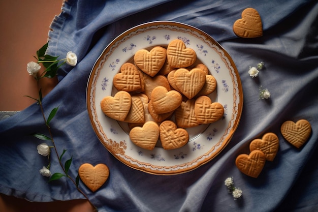 Biscoitos em forma de coração para o Dia dos Namorados em um prato sobre um fundo marrom