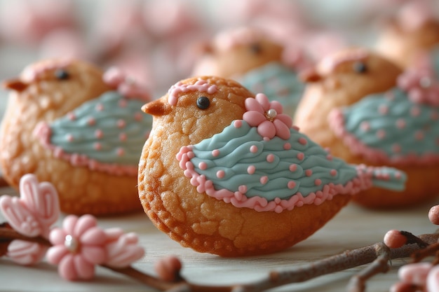 Biscoitos em forma de pássaro com penas de gelo