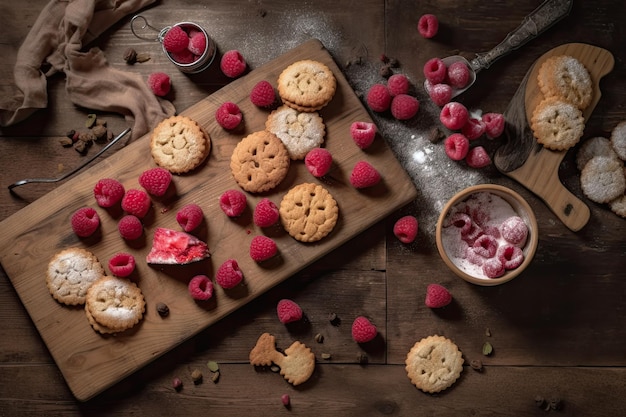 Biscoitos feitos à mão com framboesas em um fundo de madeira Generative AI