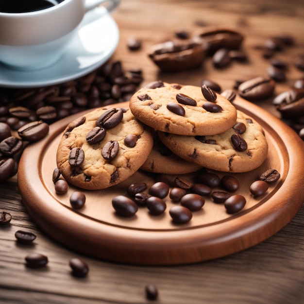 biscoitos fotográficos com grãos de café colocados em uma placa de madeira com fundo de alta qualidade