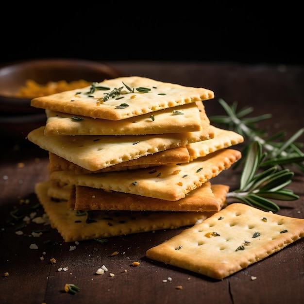 Biscoitos frescos e crocantes com alecrim no fundo escuro IA geradora