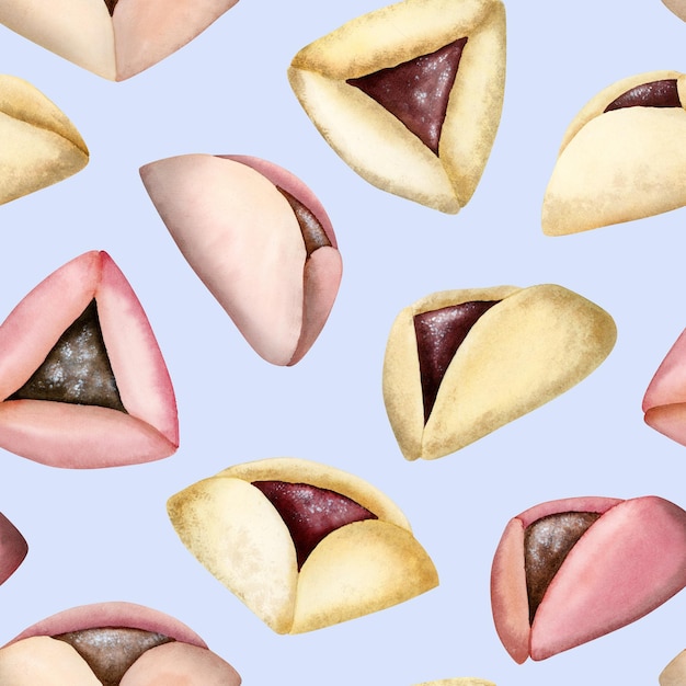 Biscoitos hamantaschen Purim desenhados à mão sem costura padrão em fundo azul claro aquarela Israel Haman orelhas sobremesa