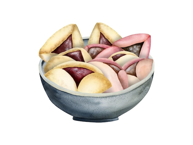 Biscoitos Hamantaschen Purim em tigela de prata para mascarada de feriado judaico Ilustração em aquarela