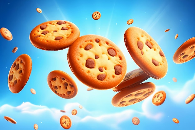 Biscoitos levitam no céu azul entre nuvens