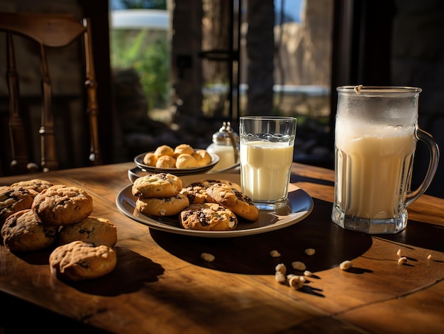 Biscoitos num prato e leite num fundo desfocado IA generativa
