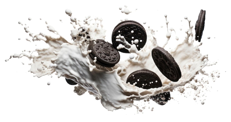 Foto biscoitos png e leite creme salpicado fronteira fundo branco salpicado de doces